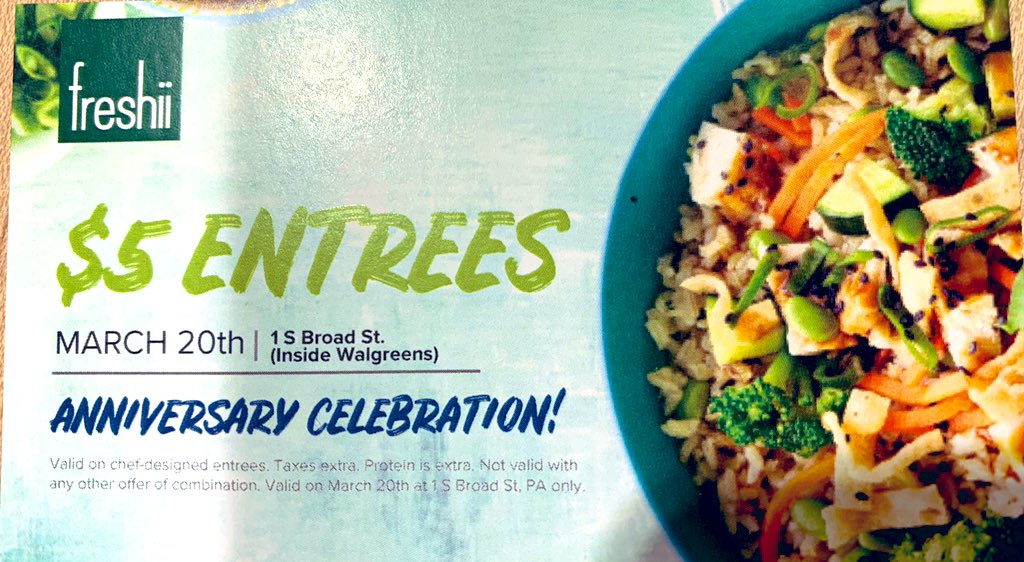 FreshiiPhilly's tweet photo. Hey Philly! This is happening TODAY! Come and celebrate with us and fuel up your day! All our entrees $5 ! 🥗🌯🍲🔋 #Freshii #EatEnergize #HealthyEating #PhillyFood #WednesdayMotivation https://t.co/vODKdmsu1b