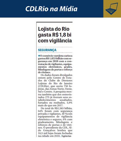 CDLRio's tweet image. Lojista do Rio gasta R$ 1,8 bi com vigilância 
20/03/2019 | Impresso | Veículo: DCI - SP | Editoria: Negócios | Página: A4: goo.gl/P62hUX