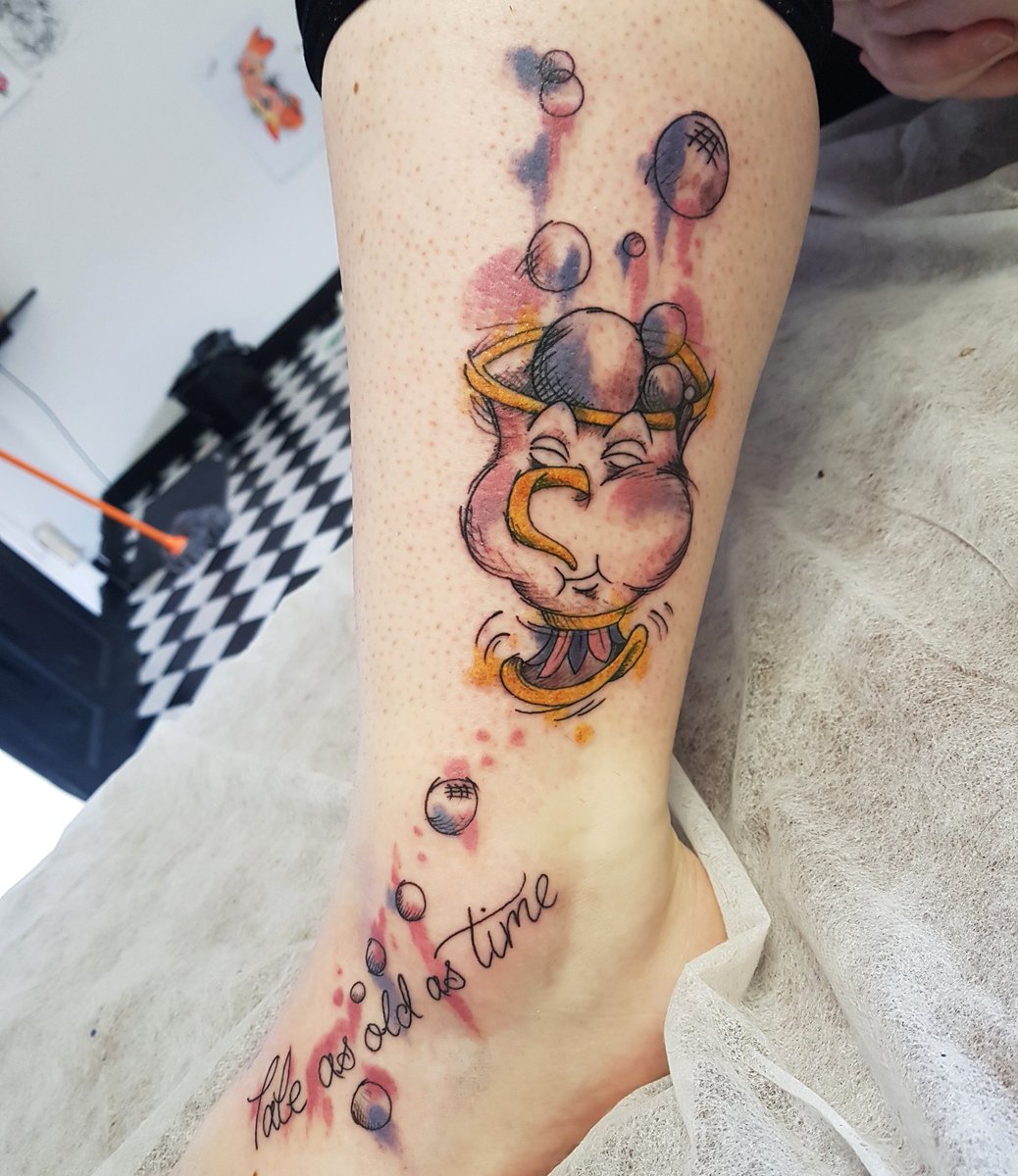 DobTa2s's tweet photo. Watercolour disney tattoo from today  really enjoyed inking it #SweetInk #tattoogirls #tattoos #inked #InkedGirls #girlswithtattoos #Disney #Watercolour #chip #taleasoldastime #script #lettering https://t.co/vw7guiXTZv