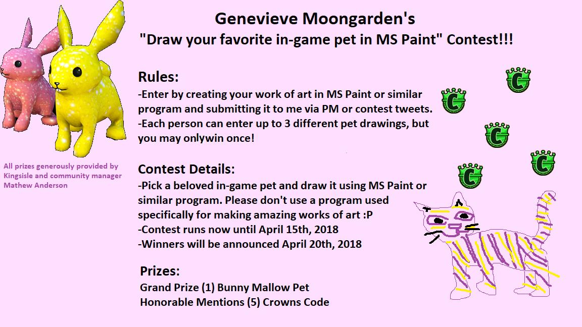 MoongardenWiz's tweet image. Here is an updated poster for the "Draw your favorite in-game pet contest" :) Now including details about entry and prizes. Thanks so much and I can't wait to see your entries!!! @Wizard101 @EventsWizard101 @KingsIsle