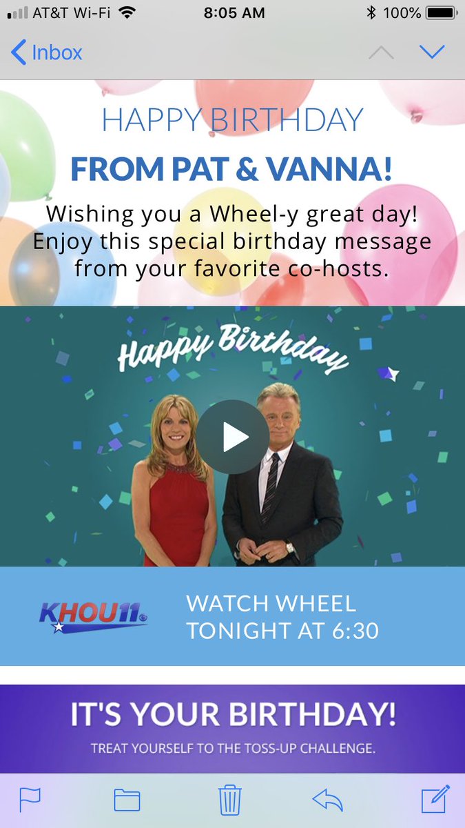 LoMo_22's tweet photo. Apparently when you turn 30 @TheVannaWhite and @patsajak wish you a happy birthday. See you at 6:30CST. I’ve set my DVR recording of the wheel. Let me go be with my people. #thisis30 https://t.co/aRcfQZHqMb