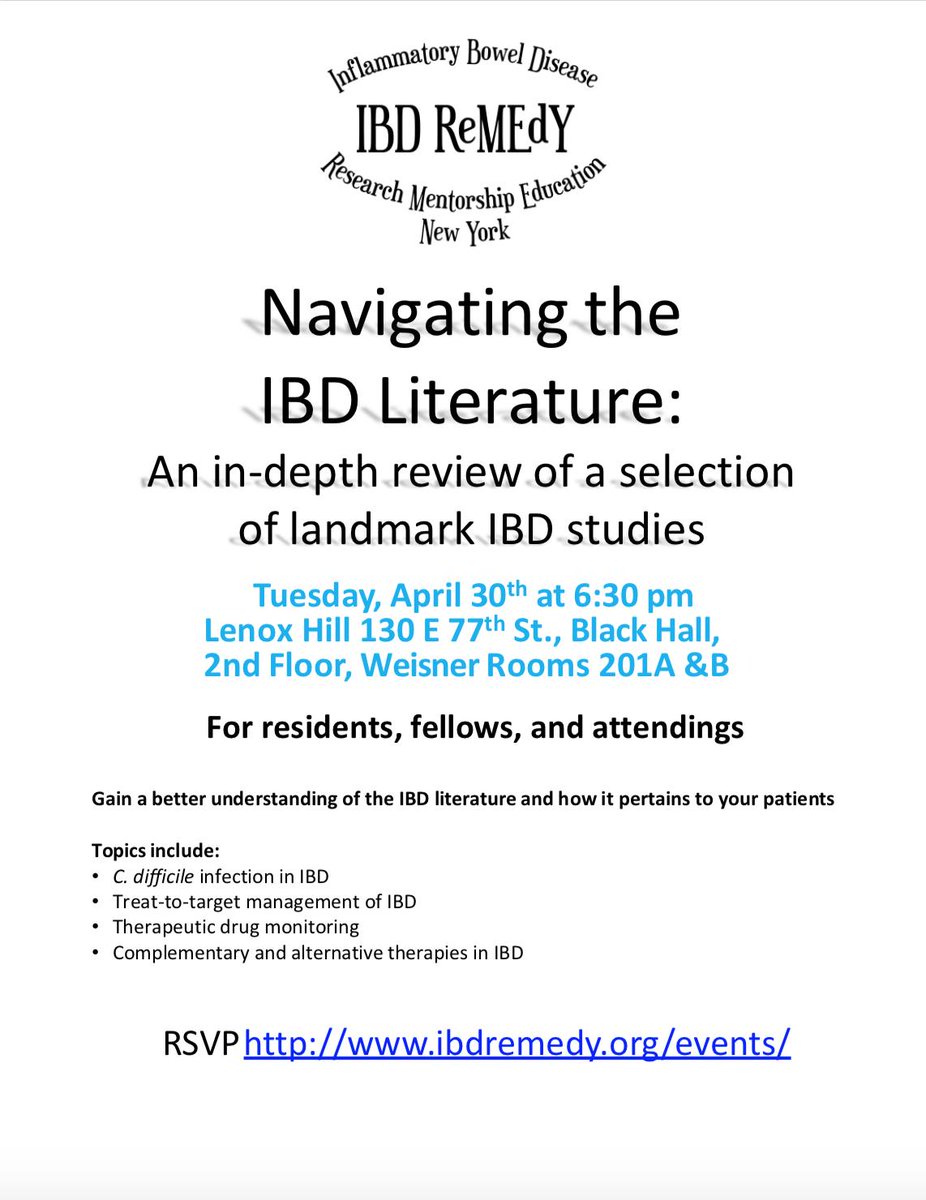 IBD_REMEDY's tweet photo. Announcing our annual IBD-Remedy fellows night, "Navigating the Literature", April 30th 6.30pm in NYC. Updated aspects of IBD discussed in round-table discussion groups. See you there! https://t.co/DEJKdonUQ4