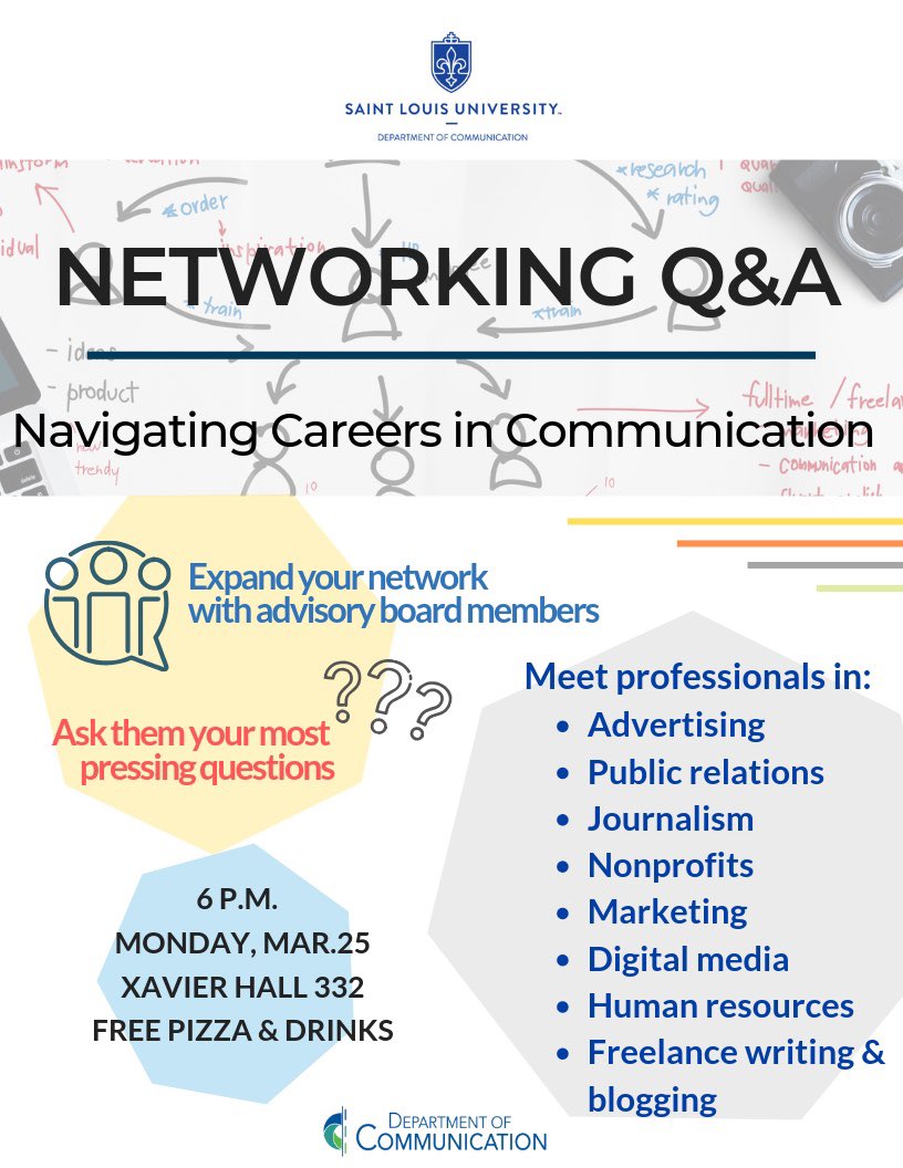 SLUcomm's tweet photo. Mark your calendar! Next Monday, the SLU Communication Department will host a networking session for students &amp; professionals. This is a great opportunity to connect with people in the professional world and get advice related to your job search. https://t.co/cy3DgOL819
