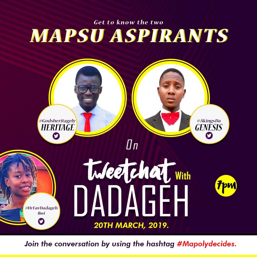 UrfavDadaqueen's tweet photo. Guess what??? @UrFavDadageh will be hosting the two MAPSU aspirants @godsheritagely and @AkingsDA tonight! Don't miss it!!! #MapolyDecides #TCWDG #TweetChatWithDadageh https://t.co/R3s2P9UhWb