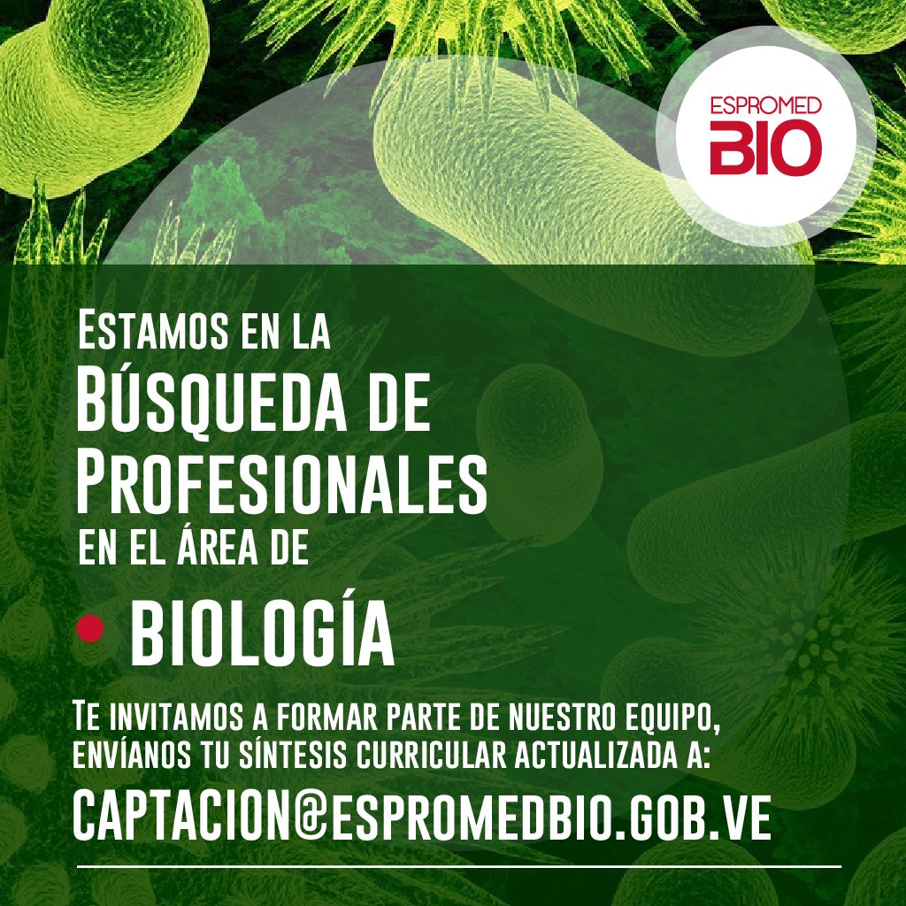 Espromed_BIO's tweet photo. #20Mar #FelizMiercoles Estamos en la búsqueda de profesionales para que formen parte de nuestro equipo ¡excelente oportunidad de trabajo!. Envía tu currículum a captacion@espromedbio.gob.ve  #PuebloUnidoJamásSeráVencido @NicolasMaduro @MPPSalud @AlvaradoC_MPPS @Janina_Col https://t.co/IU0Hipc80b