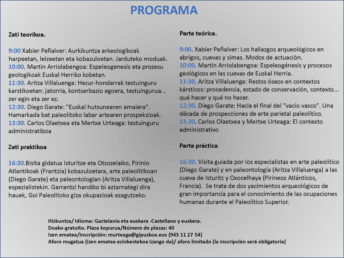 Jornada de formación en #arqueologiasubterranea el 6 de abril en Irun, con visita a Isturitz/Oxocelhaya. Geología, arqueología, paleontología, arte rupestre y  legislación. #speleo Plazas limitadas y gratuitas. Coordinado por <a href="/GarateDiego/">Diego Garate</a> en colaboración con la @OrainGipuzkoa