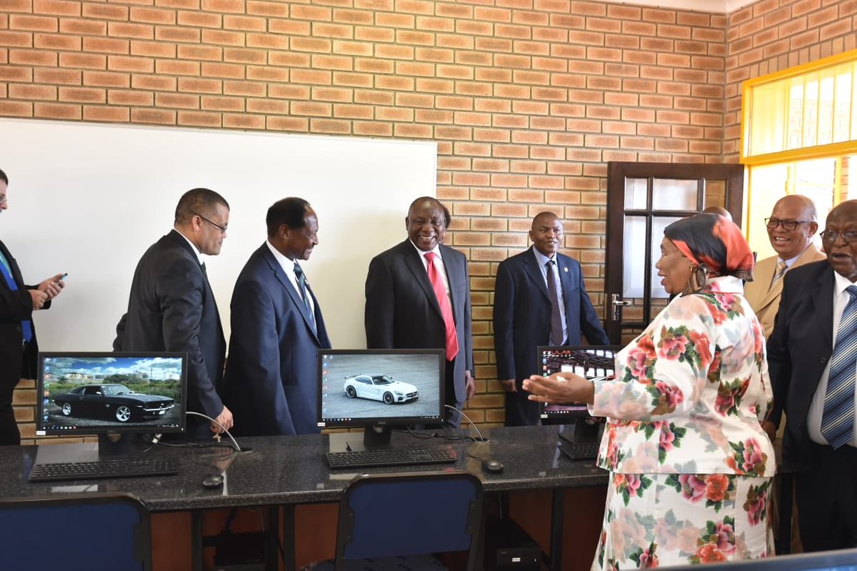 PresidencyZA's tweet photo. [PICTURES]: President @CyrilRamaphosa accompanied by Bishop Lekganyane on a guided tour of the refurbished and extended facilities of the Marobathota High School that includes a science and computer laboratory and a consumer centre. https://t.co/jVtPym7xQj