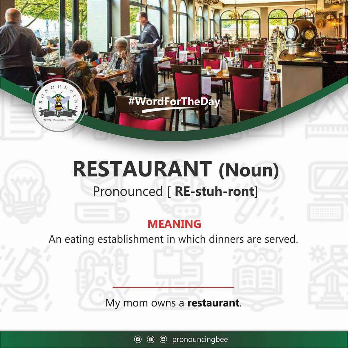 PronouncingBee's tweet image. Word for the day is RESTAURANT. Using the meaning, can you make a sentence with RESTAURANT? 😁😁😁
.

#pronouncingbee #pbee #pbe2019 #restaurant #wordfortheday #childrensbooks #words #teacherspayteachers #lagosmums #lagosschools #lekkilagos #englishwords #longe #younglearners