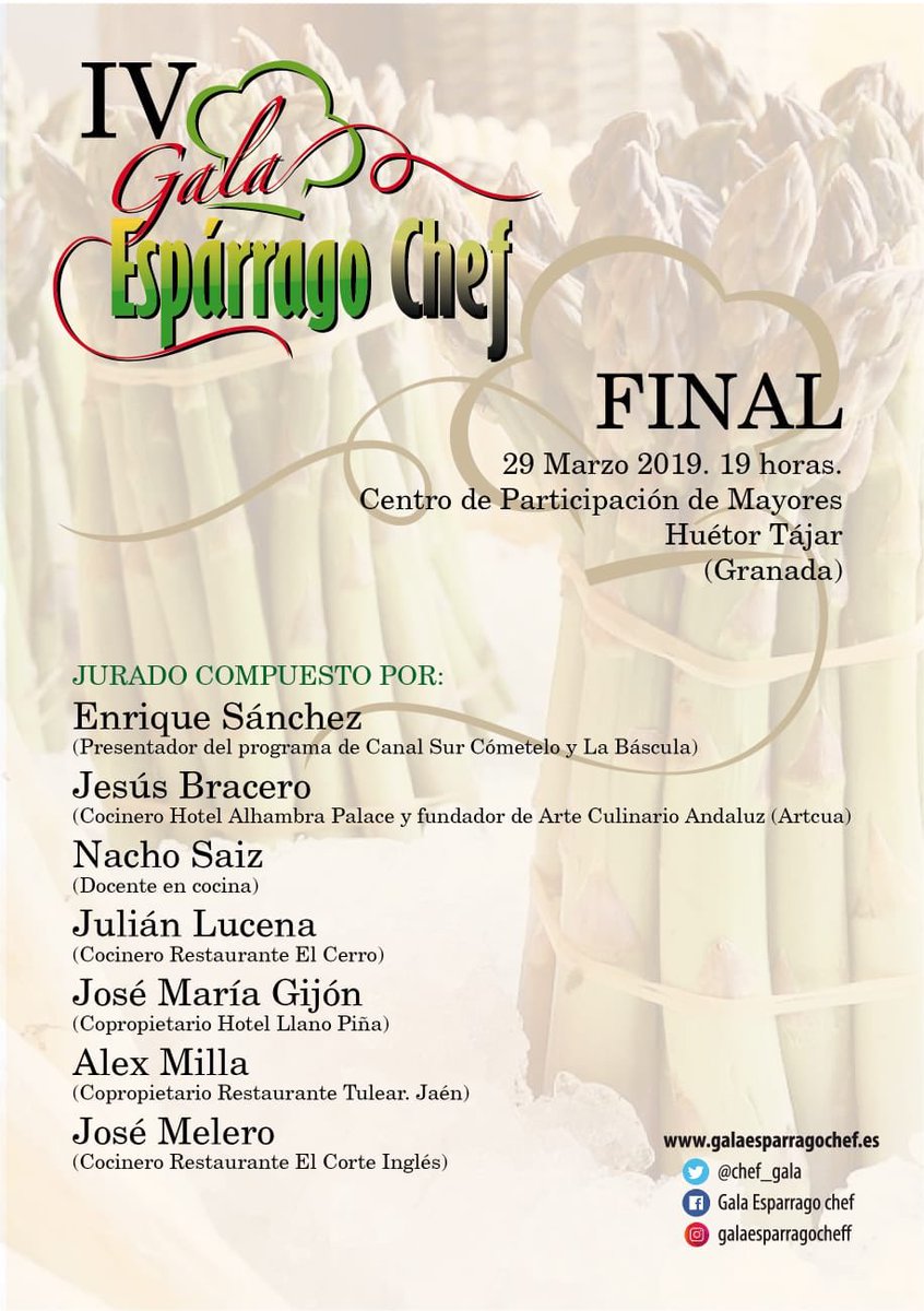 artcuandalucia's tweet photo. El día 29 de Marzo será la gran final de la IV Gala Esparrago Chef. Se están ultimando todos los detalles  para recibir a los tres finalistas. El esparrago verde del poniente Granadino será el protagonista de las elaboraciones que tendrán que realizar los chef’s.#weloveartcua https://t.co/D8dxXjTHlQ