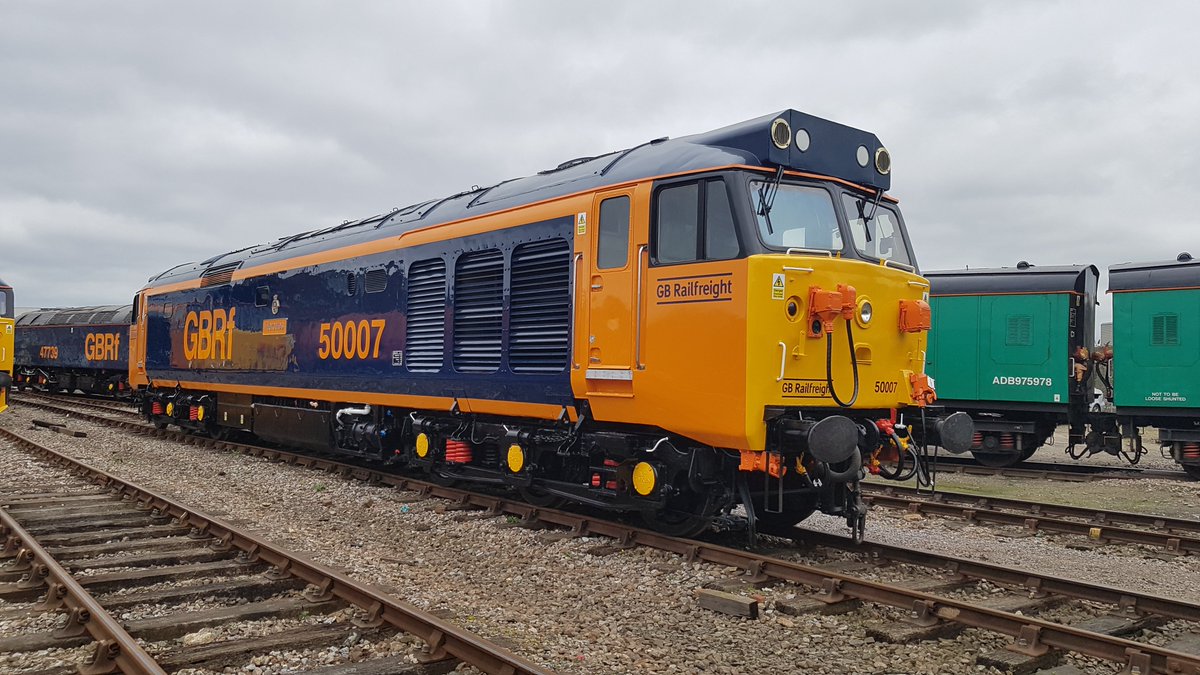GBRailfreight's tweet photo. We're delighted today to unveil the new livery adorning Class 50s 50007 &amp; 50049, that will haul @PathfinderTours “The Terminator-Pheonixed” Railtour on Saturday.

Working with the #Class50Alliance these locos will add another layer to our capacity across the Rail Services sector. https://t.co/o0dRz8oYMC