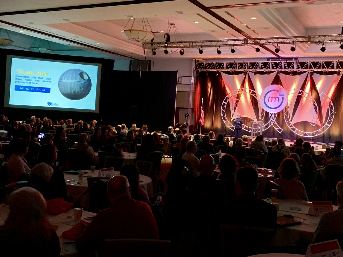 NathanTriplett's tweet image. Critical discussion of local preemption by Kim Haddow, Director of the Local Solutions Support Center, at #CapCon19. Notice a certain space station? That's a nod to 2015 PA 105, the sweeping Death Star bill, preempting local gov't action on a host of important policy issues.