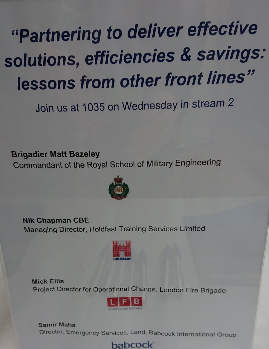 InspiroLearning's tweet photo. Join us 1035 stream 2 #ALF2019: Brigadier Matt Bazeley Commandant RSME, Mick Ellis Project Director LFB &amp; Samir Maha Director Emergency Services Babcock join forces for the session: 'Partnering to deliver effective solutions, efficiencies &amp; savings: lessons from other frontlines' https://t.co/DJ23cHjTEW