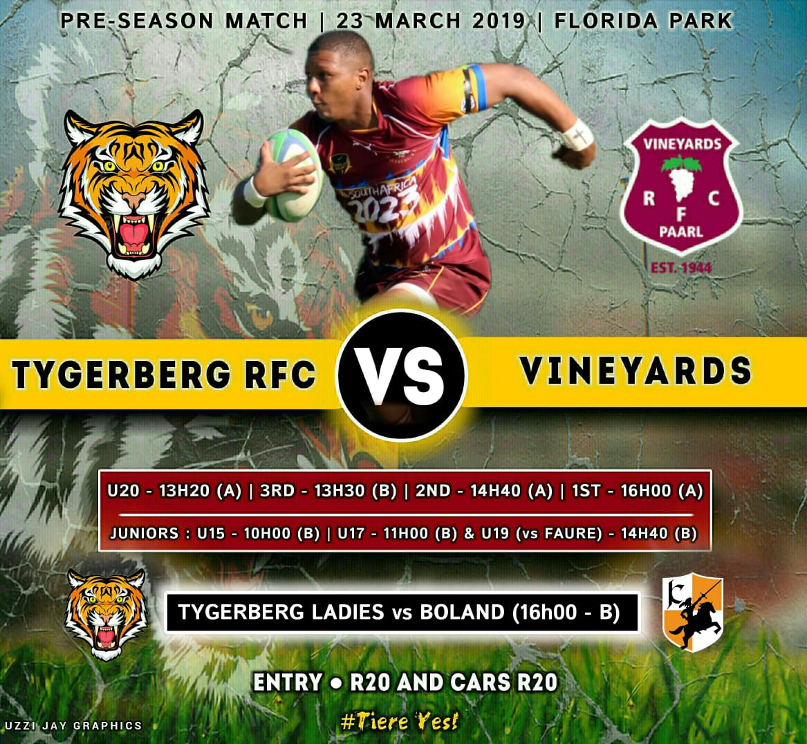 Newsflash - Tygerberg RFC vs Vineyards Rugby Club - 23 March 2019
Womens Fixture vs Boland @ 16h00 <a href="/wpclubrugby/">WP Club Rugby</a> <a href="/Vineyardsrugby/">Vineyards Rugby</a> 
#PreSeason2019 #WeAreTiere #WeGoAgain #TiereYes