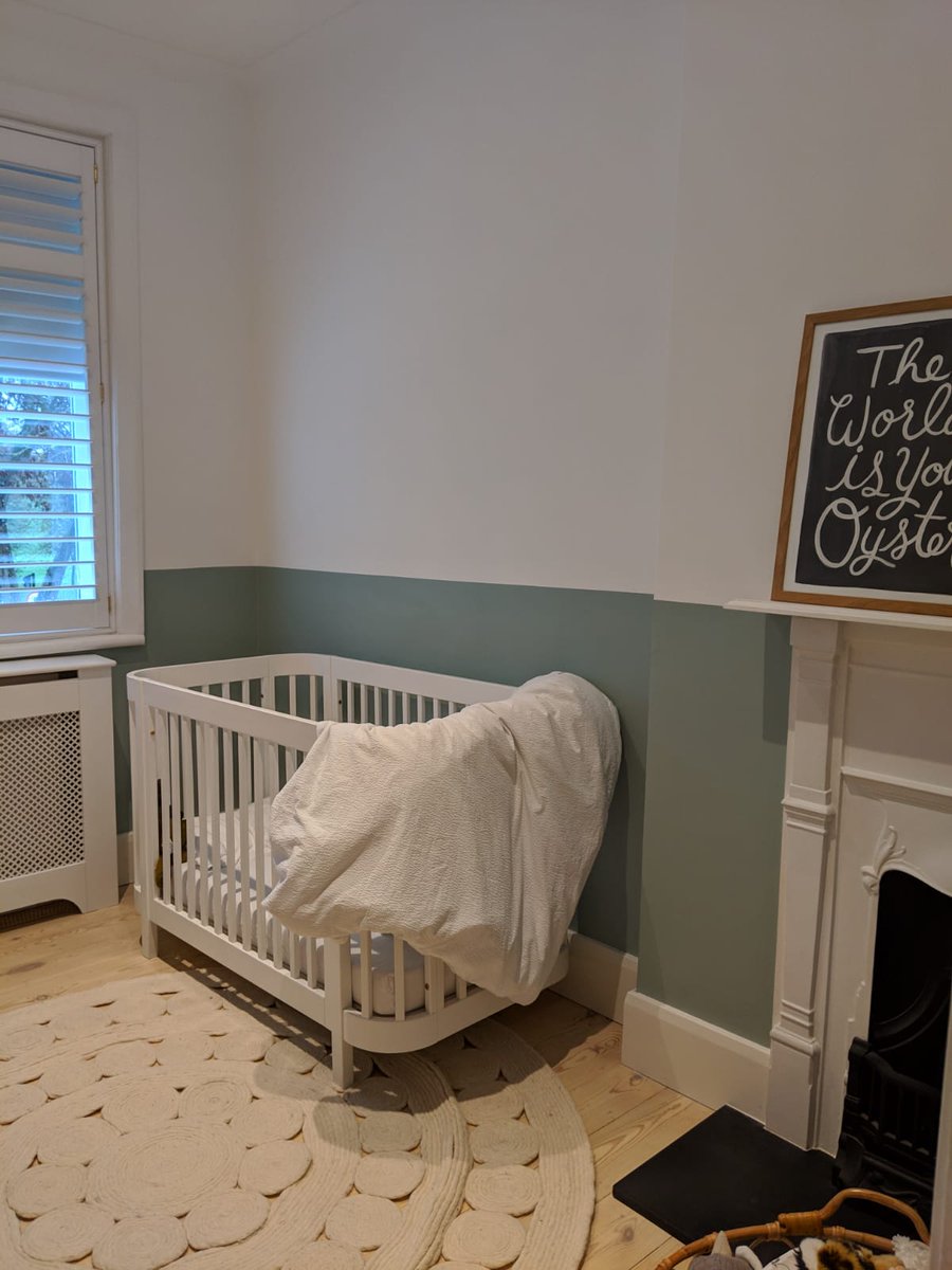trimdecorating's tweet photo. A shot from the adjoining nursery. Upper walls coated in pure brilliant white @duluxuk, lower walls coated in Green Blue @FarrowandBall 
#interiors #interiordesign
#interiordesignideas #interiorinspiration
#interiorfinishes #interiorstyle
#interiorpainting #interiorpainters https://t.co/FPLyO3ExPf