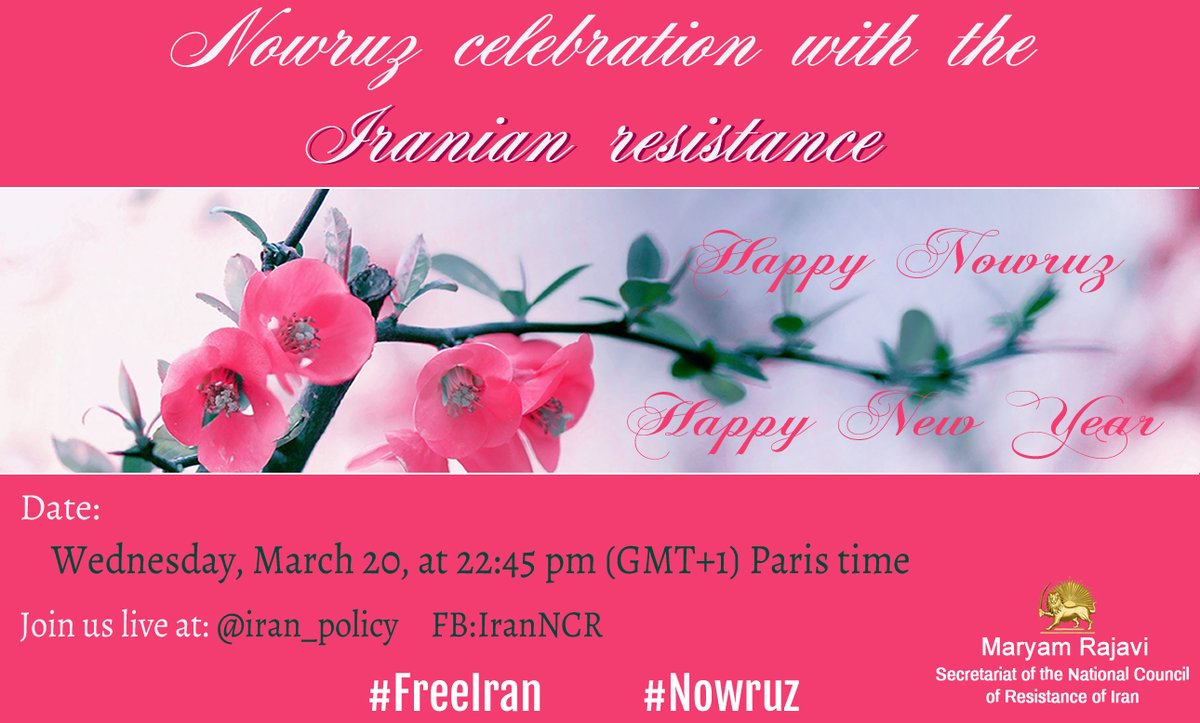 IranNowNew's tweet photo. #Nowruz celebration with the Iranian resistance.
join Iranian in their new year celebration demanding #FreeIran
🗓️ Wednesday, March 20,
⏰ at 22:45 pm (GMT+1) Paris time
live at: @Iran_Policy FB: IranNCR
#MPOI #FreeIranWIthMaryamRajavi https://t.co/0QkM8rMp55
