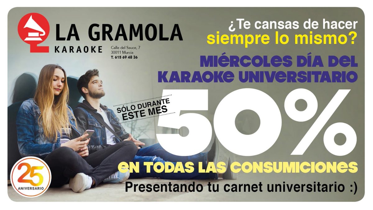 Hoy es lunes por la mañana...y MIÉRCOLES UNIVERSITARIO por la noche!

A sí que en Karaoke La Gramola te esperamos con el mejor ambiente y con un pedazo descuento del 50% en tus consumiciones presentando el carnet universitario.

#Murcia
#UMU
#Ucam
#universidad
#Karaoke
