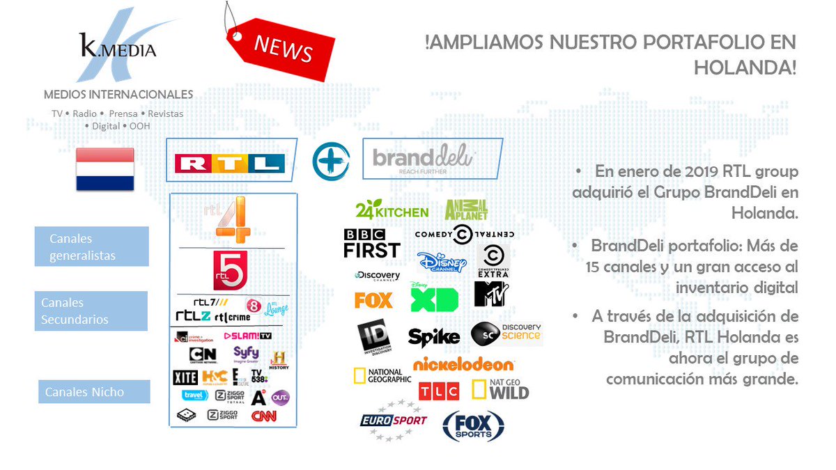 Kmediaes's tweet photo. News!! Ampliamos nuestro Portafolio con la mejor oferta de espacios publicitarios en TV, VOD y Digital en Holanda. 
#RTL #BrandDeli #Holanda #TV #VOD #DIGITAL #Publicidad #rtl4 #Netherlands #kMediaSpain https://t.co/AoOS9Hjxea