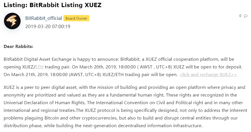 XUEZcoin's tweet photo. Keep an eye out!
Deposits and withdraws will open:
-> 2019-3-20 18:00 (UTC+8)
Market for #XUEZ/#ETH will be open:
-> 2019-3-21 18:00 (UTC+8)
#bitrabbit #xuez #masternode #cryptocurrency https://t.co/yFpaUHdsKZ https://t.co/MyW0qkEAZh