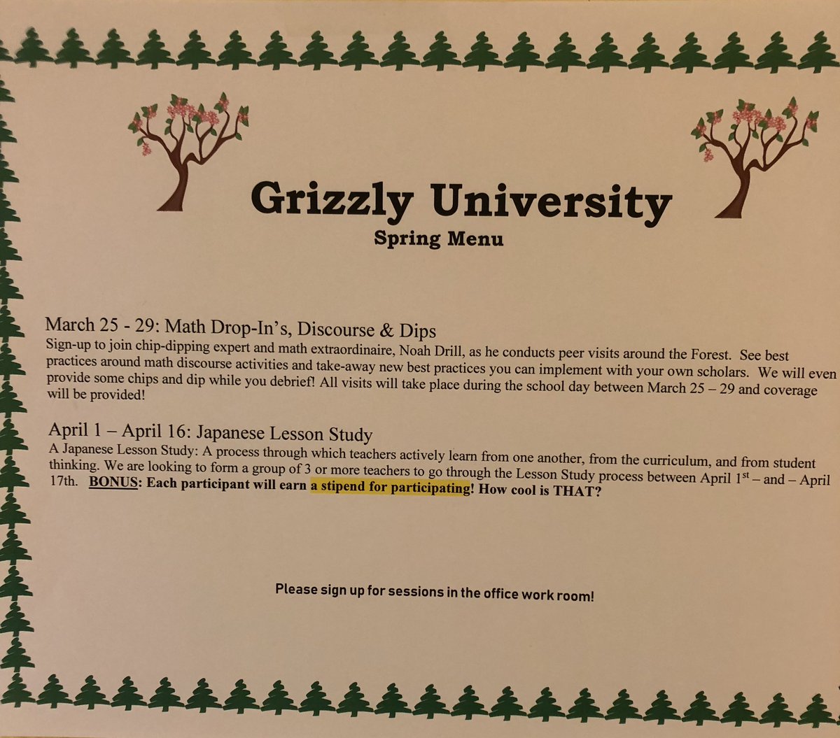 FinestEducator's tweet image. Our spring menu of voluntary professional development looks pretty enticing! #GrizzlyU #JapaneseLessonStudy