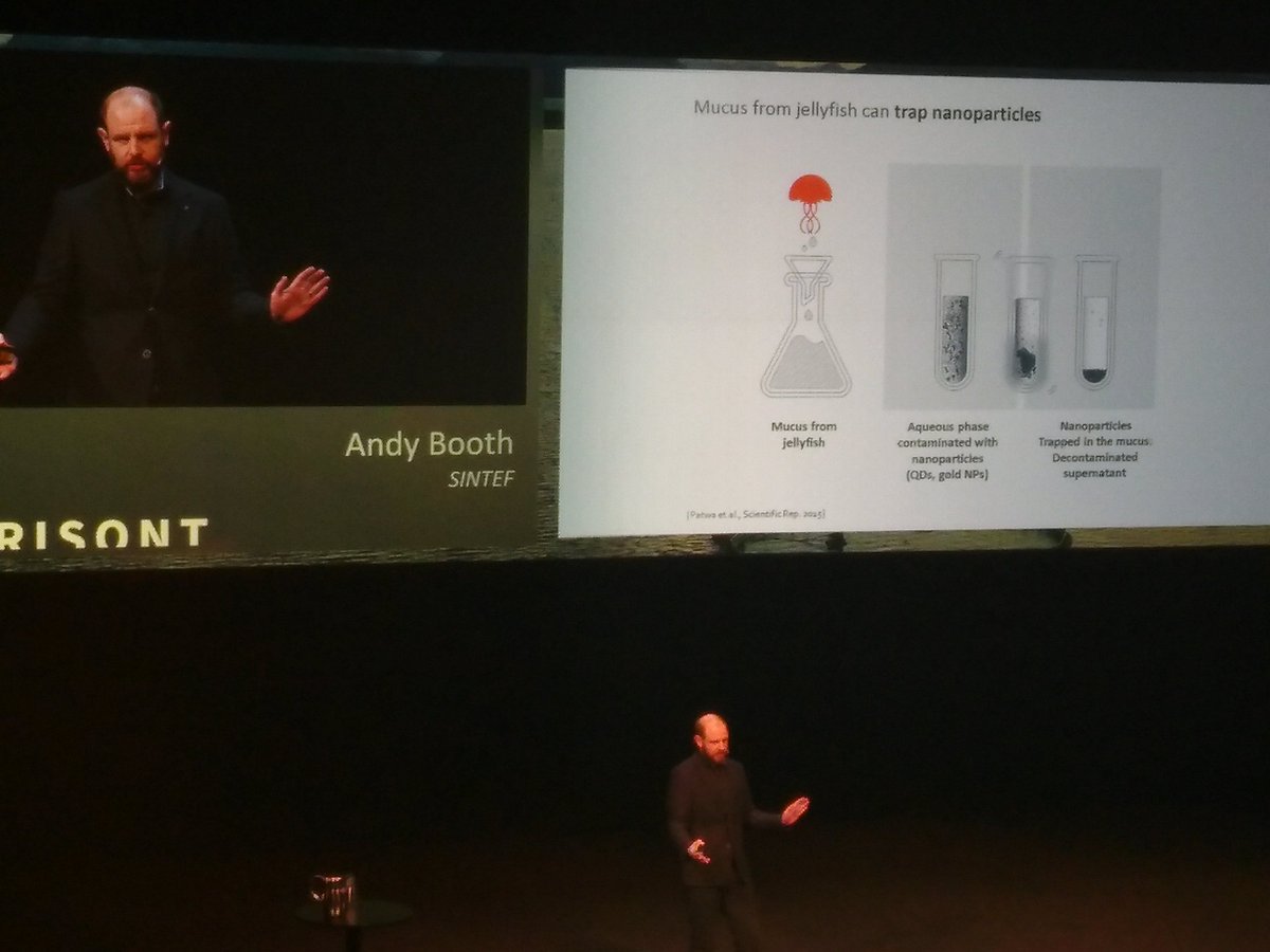 Andy Booth and <a href="/SINTEF/">SINTEF</a> presenting the innovative idea of using jelly fish mucus (!) to combat the global problem of microplastics in the oceans #SDGs #science <a href="/forskningsradet/">Norges forskningsråd</a>