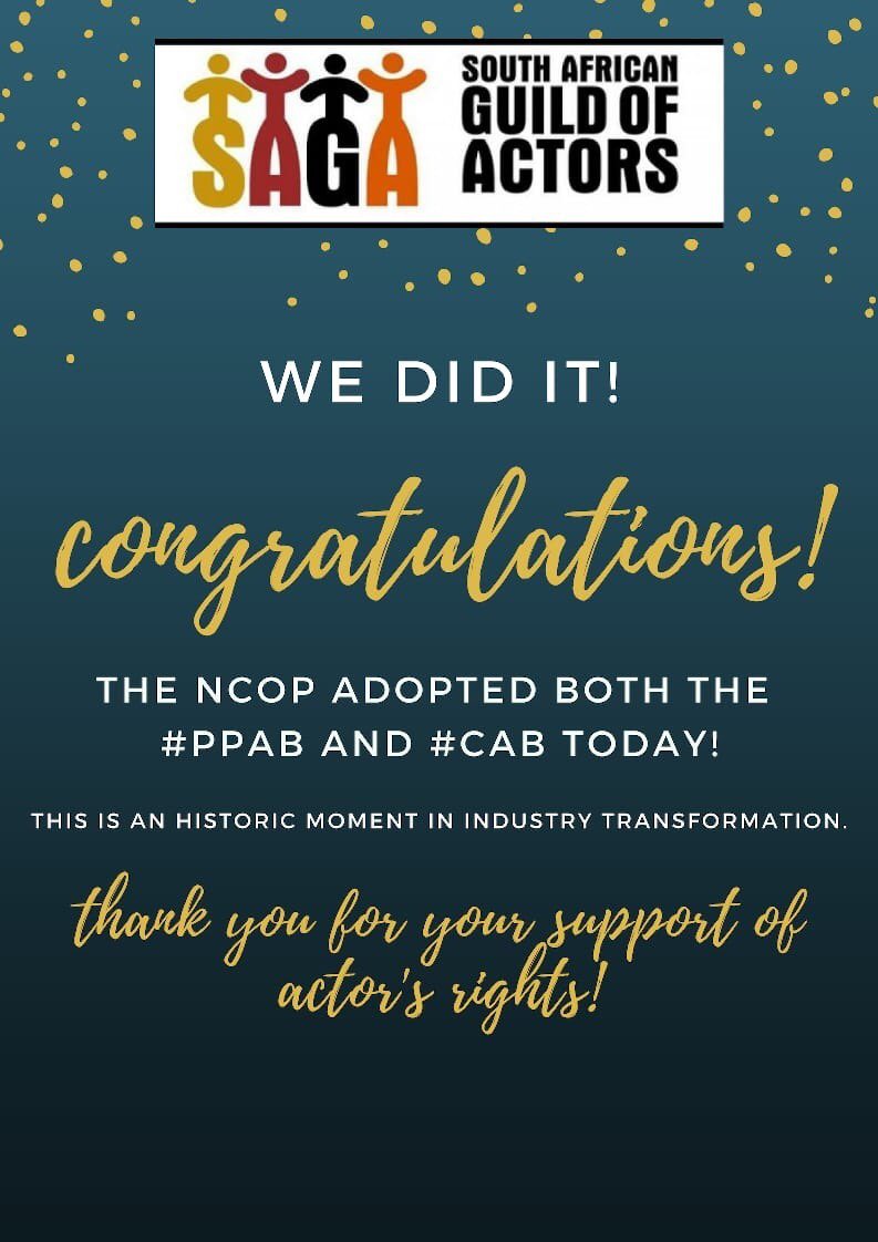 Our voices have been heard! We’re thrilled to announce that the #NCOP has voted to adopt the #PPAB and #CAB today.

<a href="/SAGActors/">South African Guild of Actors</a> thanks all of our members and supporters of actors rights for signing the petition and sharing the cause! 

#SAGAforPPAB #SAGAforCAB