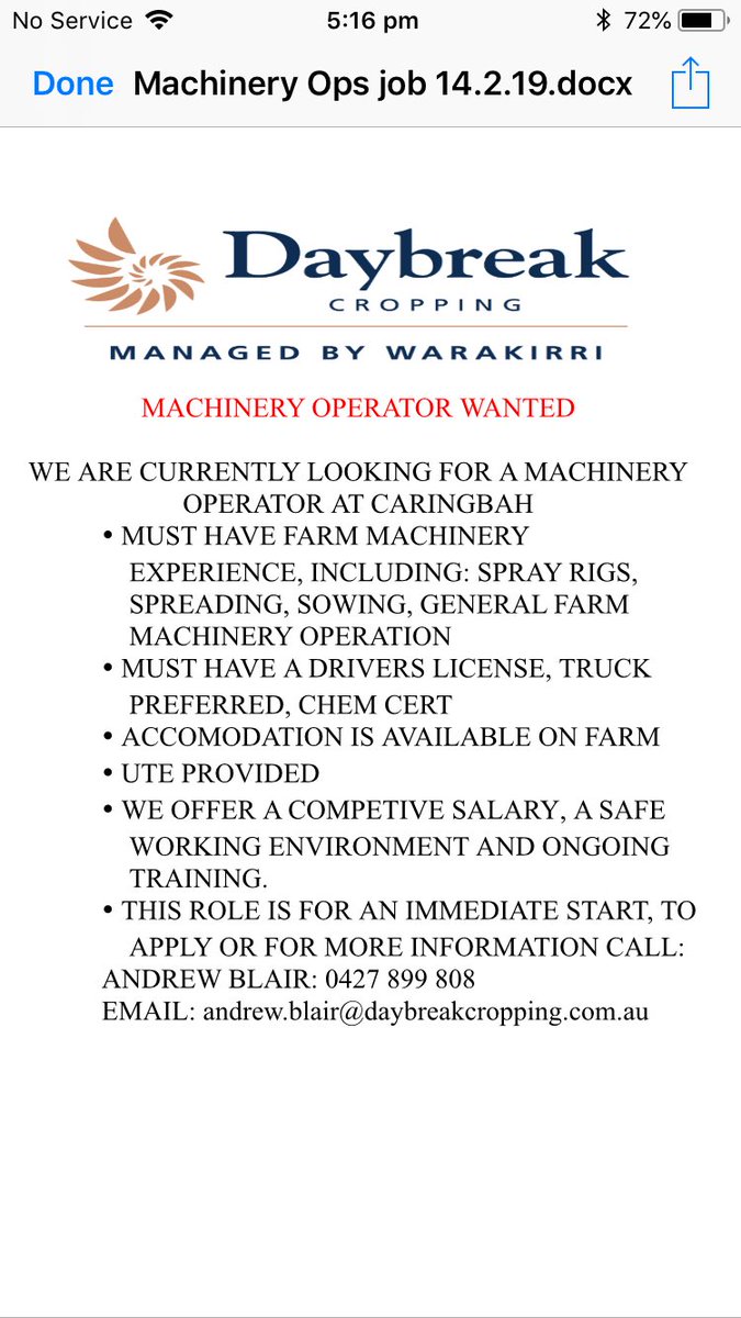 We are after a full time machinery operator in Southern NSW, please ring if interested