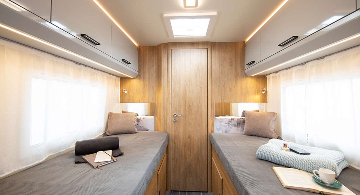 Every inch of space in the T-Line 785 has been used practically, with storage spaces such as wardrobes and draws under beds and steps. Couples can retreat to a spot of privacy in the separate bedroom with twin beds which can be joined to create a double. ow.ly/PRnn30o7dnw