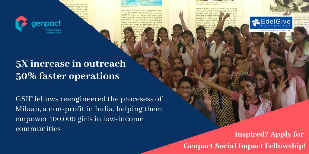 Genpact_Cares's tweet photo. Applications are open for the fourth batch of GSIF! If you are a problem solver and a creative thinker with a streak for transformation, this is your calling.
Apply now - https://t.co/nkZiKqCTfa

#TransformationForGood @Genpact @EdelGive @NGOBox @SashaSanyal @Lavanya68609947 https://t.co/w95R7p9mxL