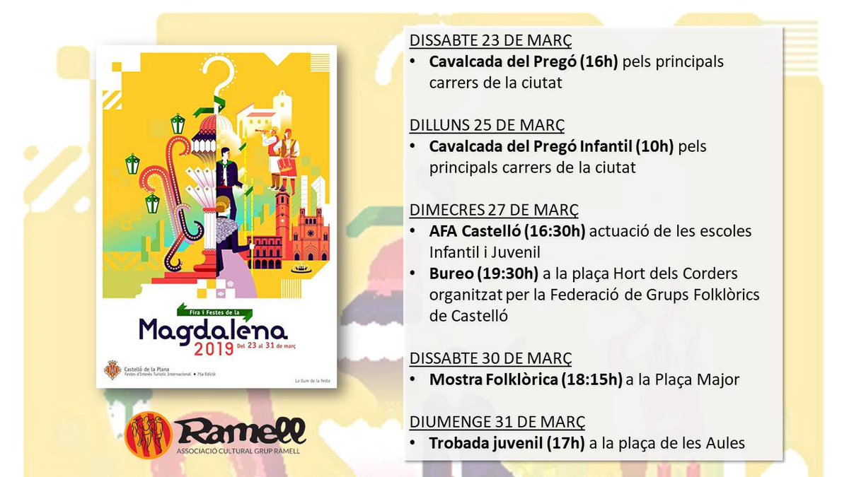 Ja s'apropen les Festes de la Magdalena!
 
Us deixem els actes en els que participarem al llarg de la setmana de  festes; anirem ampliant la informació a mesura que s'aproximen.
 
 Bones Festes!!!