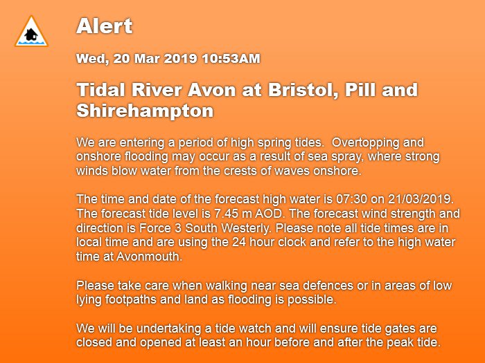 FloodAlerts_GLS's tweet photo. Flood Alert, 10:53AM 20/03/2019, TidalRvrAvon @ Bristol, Pill &amp; Shirehampton, https://t.co/ZWToz9lFLJ #floodaware https://t.co/oAOa8ujIOx