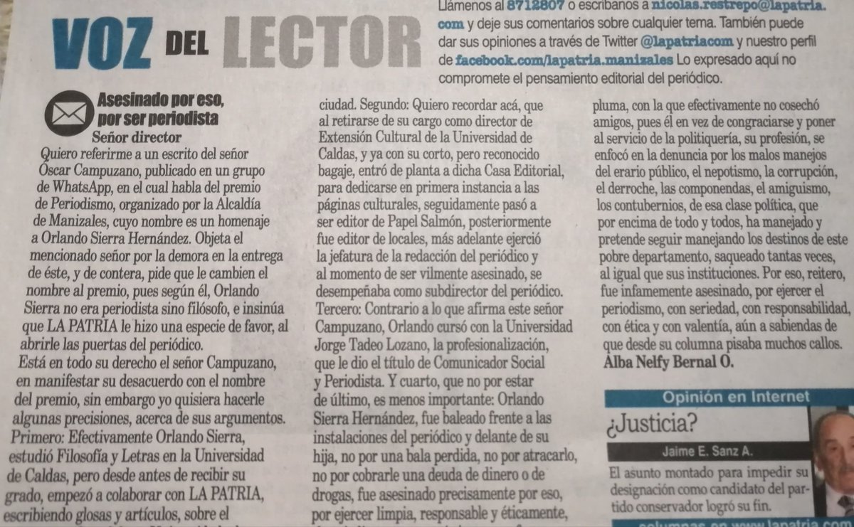 Adrivillegas's tweet photo. Muy claro el mensaje de Alba Nelfy Bernal en @lapatriacom de hoy sobre #OrlandoSierra #NoMásCensura https://t.co/g8z4GAzIoH