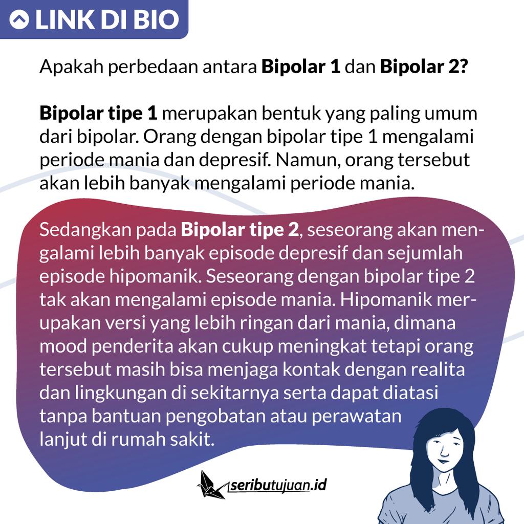 SeribuTujuan's tweet photo. Jadi, apa sih perbedaan antara bipolar 1 dan bipolar 2?
#SeribuTujuan #MentalHealth #KesehatanMental #Indonesia #selfcare #CerdasMentalBersamaST #InFocusST https://t.co/fupApijvXJ