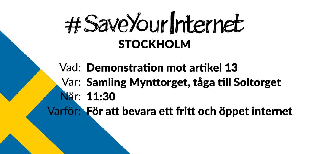 SYI_Sweden's tweet photo. På lördag kl 11:30 så samlas vi på Mynttorget för att #SaveYourInternet genom att se till att EUs parlamentsledamöter förstår att det är riktiga människor bakom oron för att deras beslut kan komma att ta sönder internet som det är idag.
Dela så fler vet om att det sker! https://t.co/35hXxDa8Ee