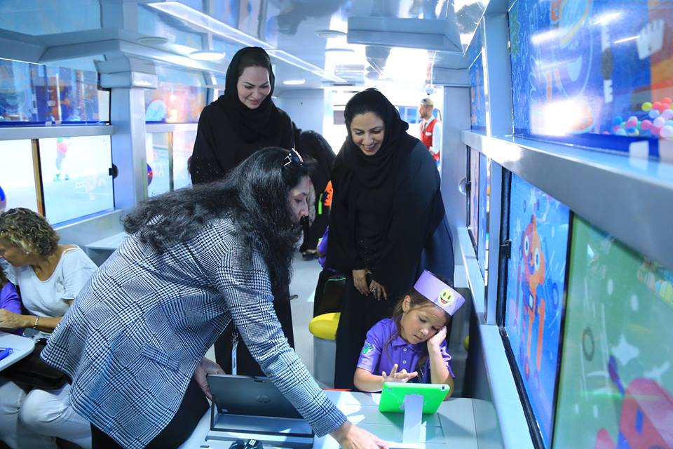 Hind Al Mualla Chief of Creativity, Happiness &amp; Innovation and Mouza Al Suwaidi Chief of Engagement <a href="/KHDA/">KHDA | هيئة المعرفة والتنمية البشرية بدبي</a> interacting with children at the launch of Bug Bytes an innovative learning experience on wheels for the early years designed by Innoventures Education @CEOInnoventures