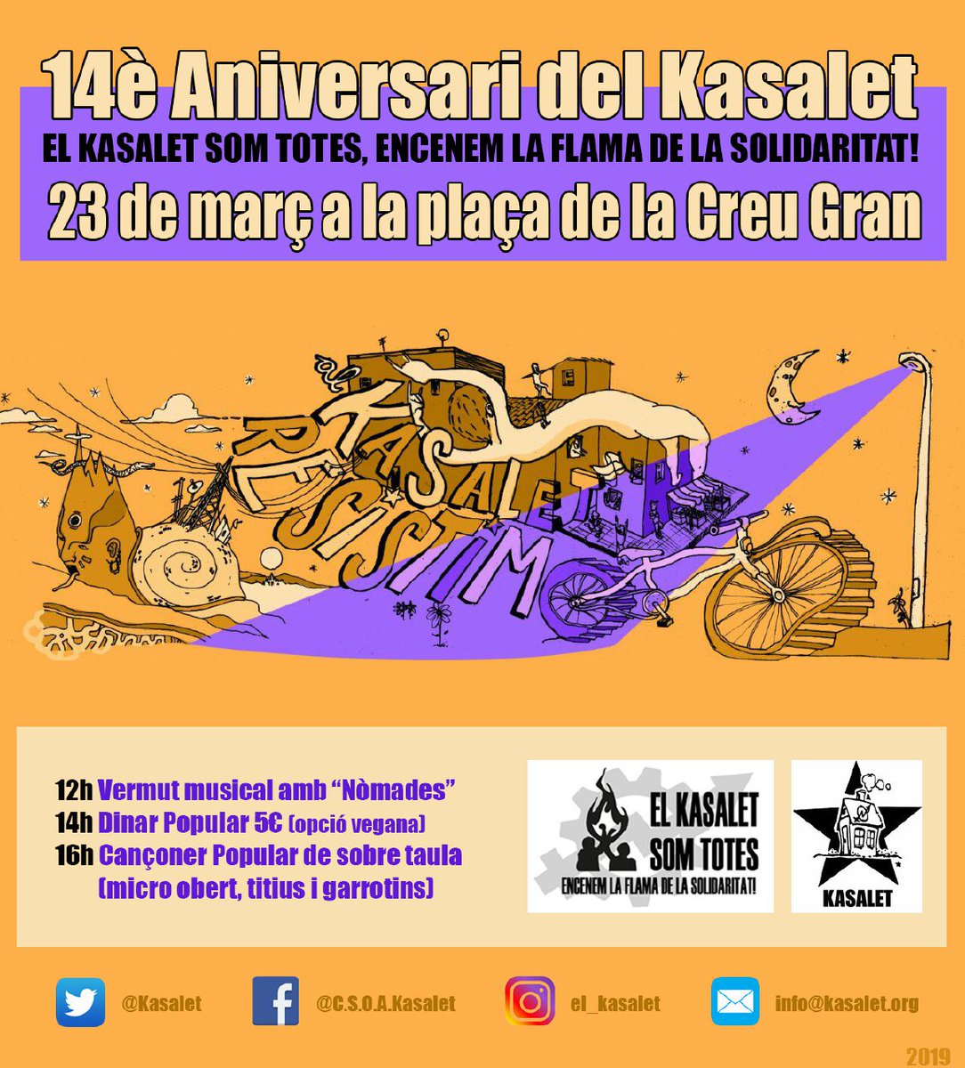 🎊🤗🎉🏠🎂 14 ANIVERSARI DEL KASALET 🎂🎶🎉💃🎊
(14 com a centre social, 19 d'okupació) 

Lluitarem per què no sigui l'últim any de vida del Kasalet. Però celebrarem aquest aniversari com si fos el darrer!
✊🎤🥁💃🎶🎂🤩🤸‍♀🍻🎸♀️🎉

@Kasalet @CPAtzur
#EspaisAlliberats #Terrassa