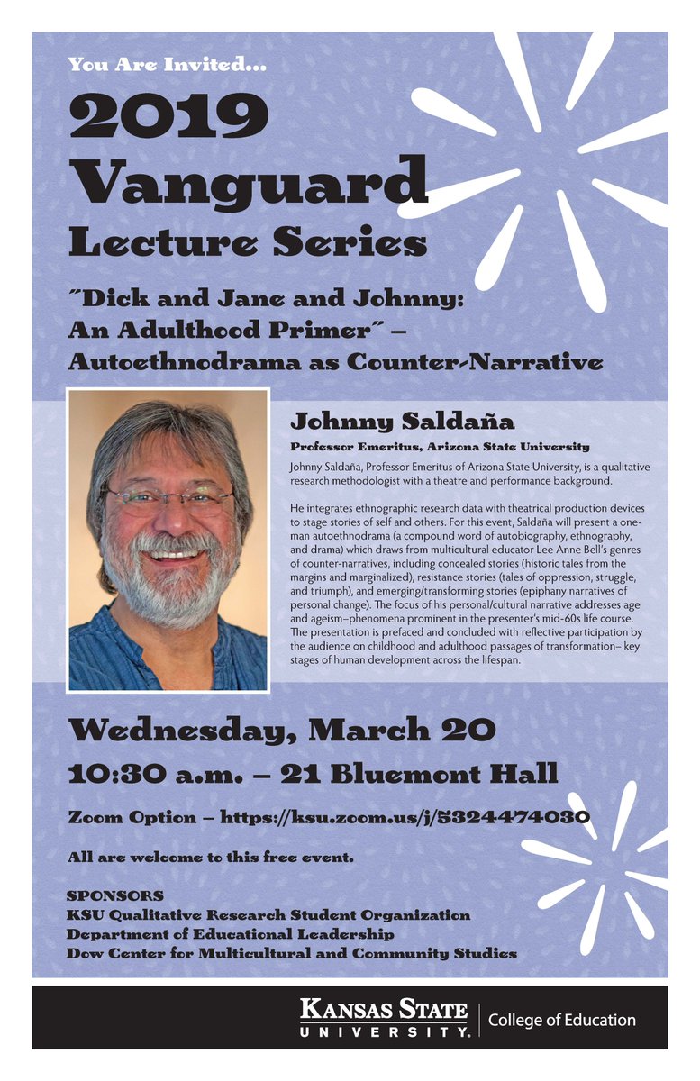 KStateQual's tweet photo. Today's the day! Please join us as we welcome our 2019 Vanguard Lecture Series Presenter Johnny Saldaña. Bluemont Hall 21 at 10:30. Zoom option available https.//ksu.zoom.us/j/5324474030 https://t.co/APWbtChWbo
