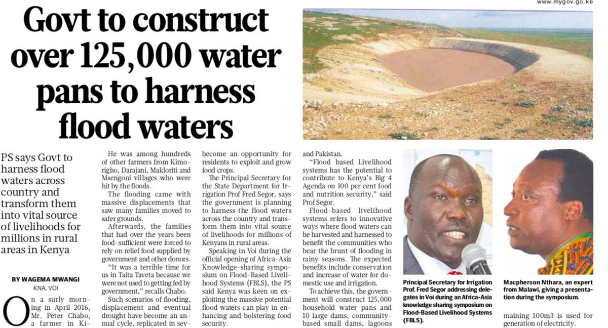 FBLN_media's tweet photo. The government of Kenya will construct 125,000 household water pans and 10 large dams, community- based small dams, lagoons and other forms of water- storage infrastructure by the year 2022 across several flood-prone counties. #FBLS Read the full article: https://t.co/S2cZxaXywR https://t.co/C5K6iZE8cB