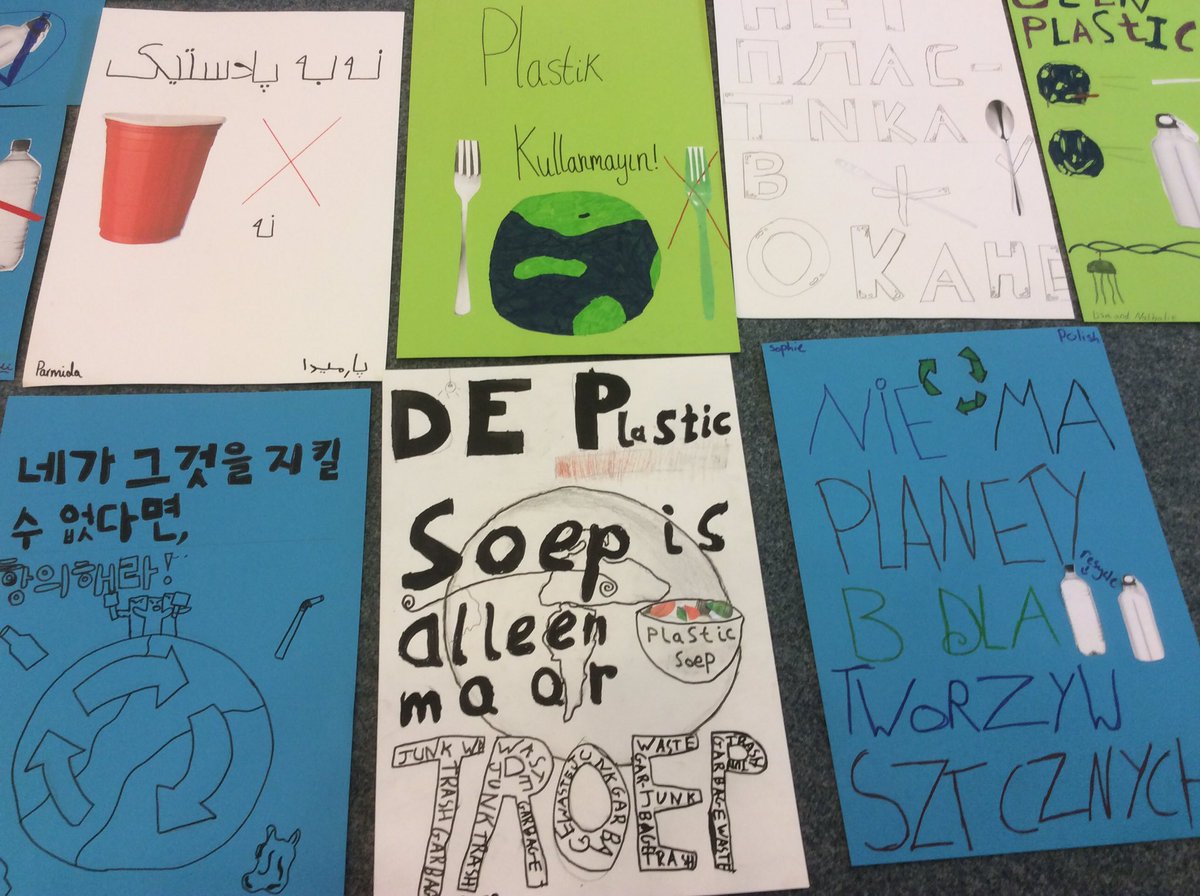 EALdeborah's tweet photo. Having a great day with KS2 students using #translanguaging to create protest posters against single use plastic or promoting recycling. #JSLSTEAM @BSNJSL https://t.co/7PjWLnEBfZ