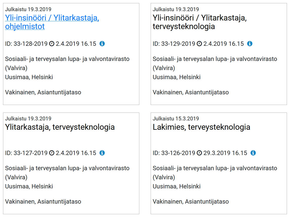 HolmalahtiJussi's tweet photo. Kiinnostaako terveysteknologia? Valvirassa auki neljä virkaa terveysteknologian valvontatehtävissä. Ei yli-ihmisiä, mutta yli-insinööriä ja ylitarkastajaa. Lakimieskin halutaan tiimiin! https://t.co/NQerkqXCLa