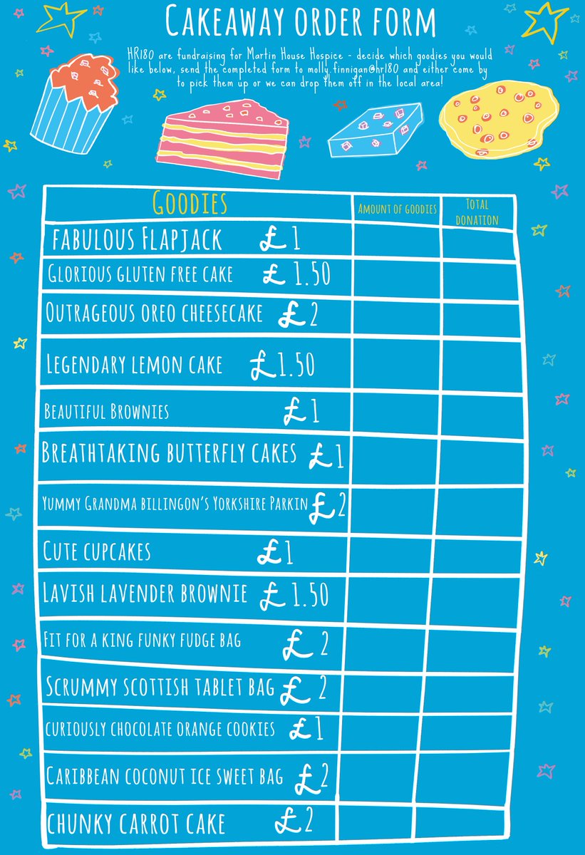 HR180_Ltd's tweet photo. It's nearly lunchtime and we're thinking about cake... a reminder of all the gloriously sugary, goodness we plan to make next month - if you fancy something, direct message us to order! @MartinHouseCH #bakeathon #cakeathon #sugarygoodness https://t.co/durOAKLsna
