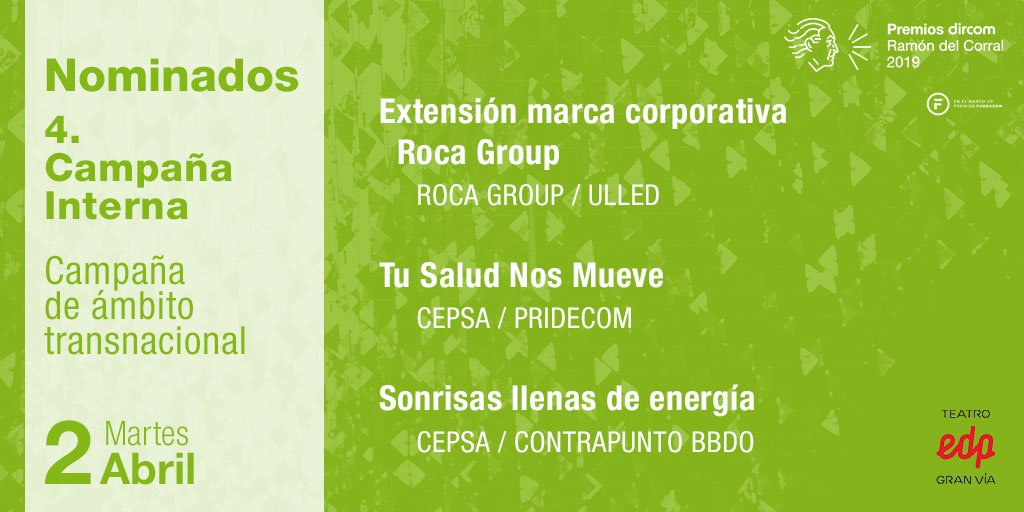 DircomSpain's tweet photo. Dos proyectos de @Cepsa, con @PrideCom_es y @CONTRAPUNTOBBDO, y uno de #RocaGroup con #Ulled, nominados a mejor "Campaña Interna de Ámbito Transnacional" en #PremiosDircom 🏆
El 2/04 en @teatroedpgv, sabremos qué compañía se lleva el trofeo a su casa 👉
https://t.co/FGy6rAgd1U https://t.co/TssfnyIple