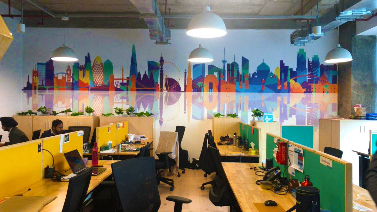 teammagenta's tweet photo. We designed a #graphic wall to depict the vibrant #skylines of UK and #India for @UKIBC 's new office. The upper half has bright and bold colours complementing the lower half, which is almost like a reflection. What do you think of UKIBC’s bright new #workspace? https://t.co/OFoPL9fVgz