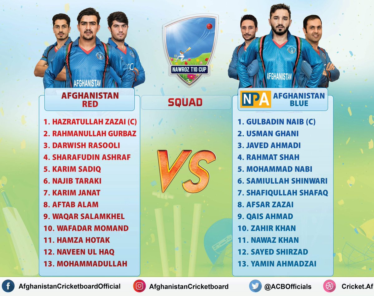 ACBofficials's tweet photo. Here are the squads for tomorrow's Nawroz T10 Cup match between Afghanistan Red and NPA Afghanistan Blue !
#NawrozT10Cup https://t.co/9rtxo5eTiq