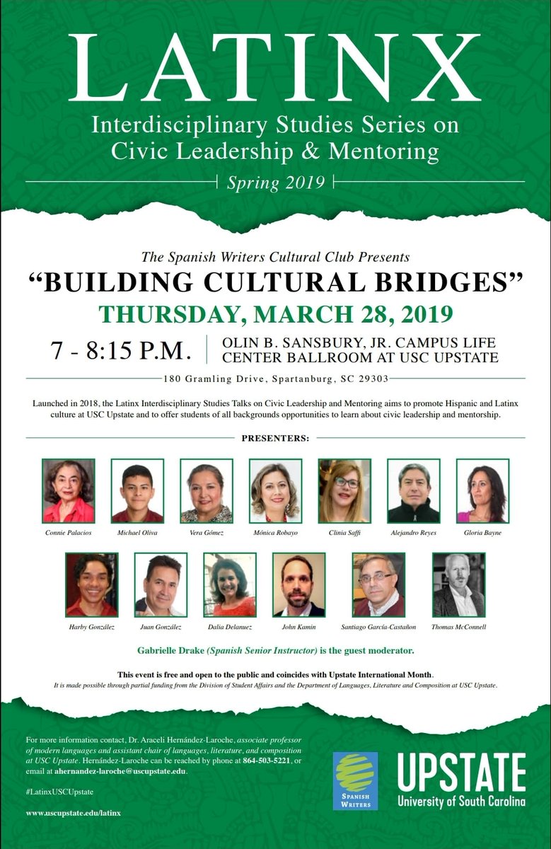 AraceliHLaroche's tweet photo. Tango, poetry, lit, music #LatinxUSCUpstate #traducciónuscupstate #FR1011 @UpstateCAHSS @LLC_Upstate @USCUpstate @globalspartansc @ICUpstate @LatinxEDofSC @latinonewspaper Juan Gonzalez serves on Advisory Board @USCUpstateJCBE Author Tom McConnell @HubCityPress
@HubCityBookshop https://t.co/nsMhcqMym1