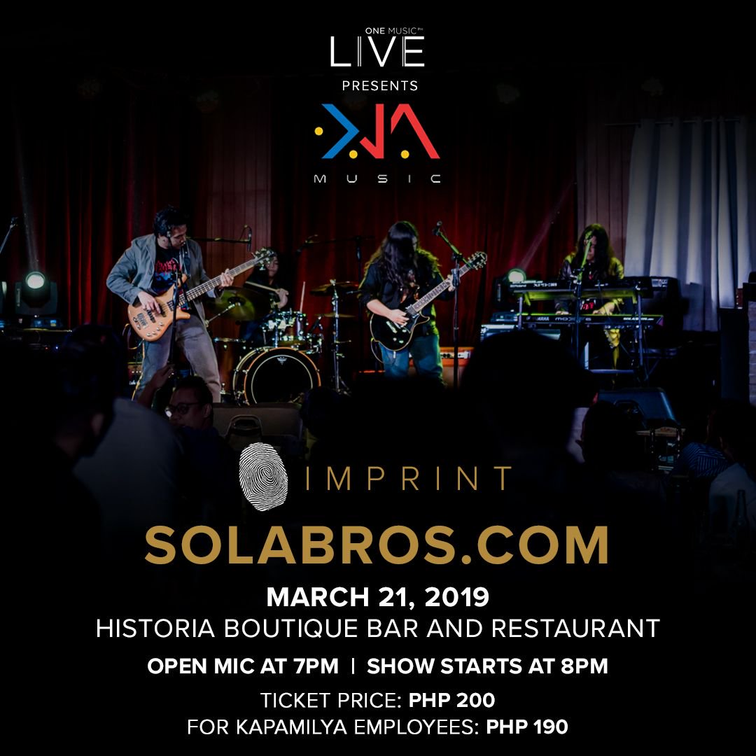 OneMusicPH's tweet photo. #OneMusicLIVEImprint part 2 is happening tomorrow! Catch #Solabros tomorrow at the Historia Boutique Bar and Restaurant, starting at 8 PM!

Did you miss part 1? Catch the full playlist here: https://t.co/Bpq5lQZBmP https://t.co/BIiZmE8GD7