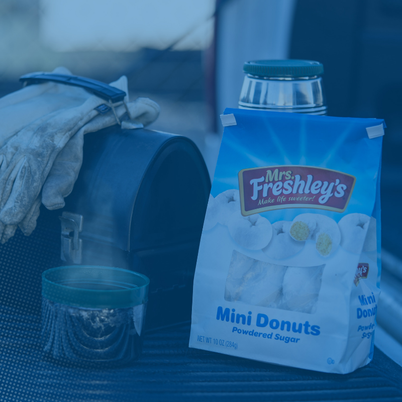 The best way to start the daily morning rush is with coffee and Mrs.Freshley's mini powdered sugar donuts!