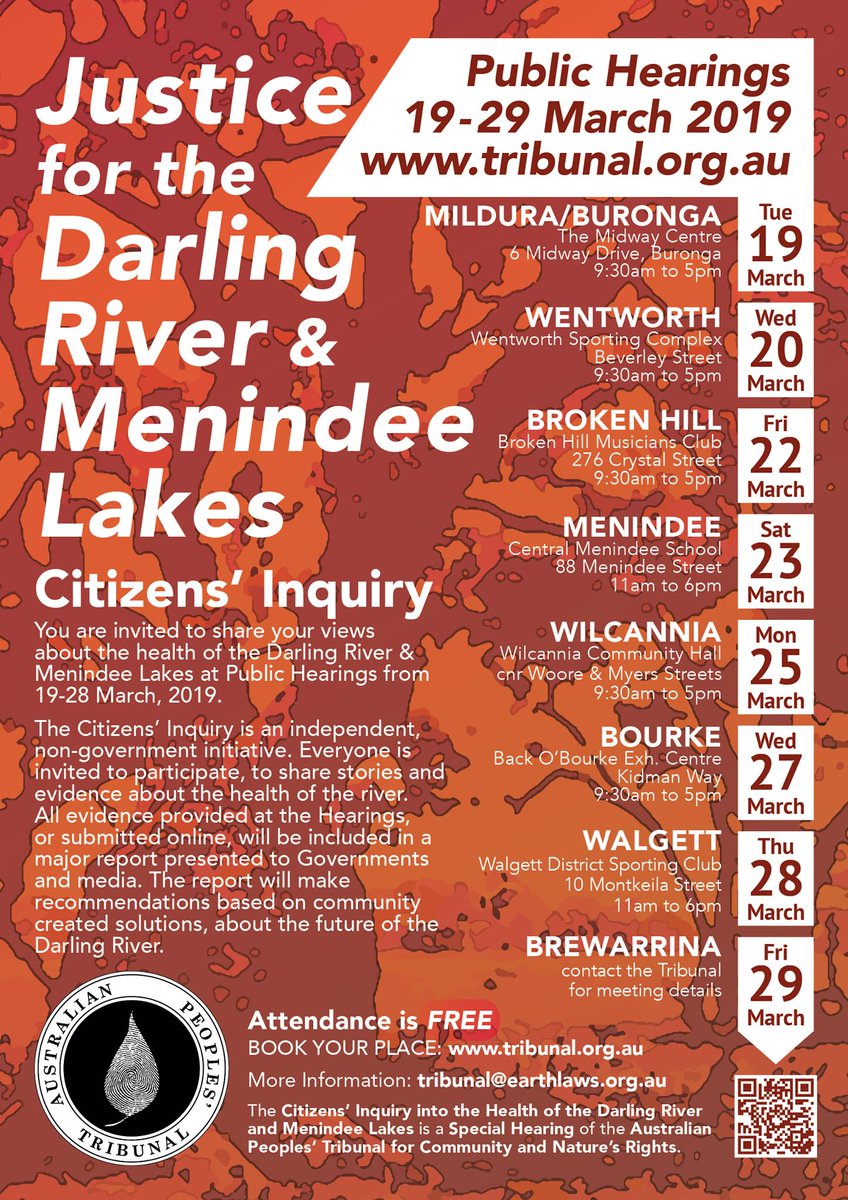 watershedallyAU's tweet photo. Australian Peoples' Tribunal - 'Justice for Darling River &amp; Menindee Lakes' free public hearings this week.  #BrokenHill hearing this 9.30am-3PM cst this Friday 22/March/2019 at #Musician's Club, #Crystal St. #Menindee Sat 23/3/19. Details: https://t.co/S0j1N4LIZD   @aptribunal https://t.co/1FBtCyEWgd