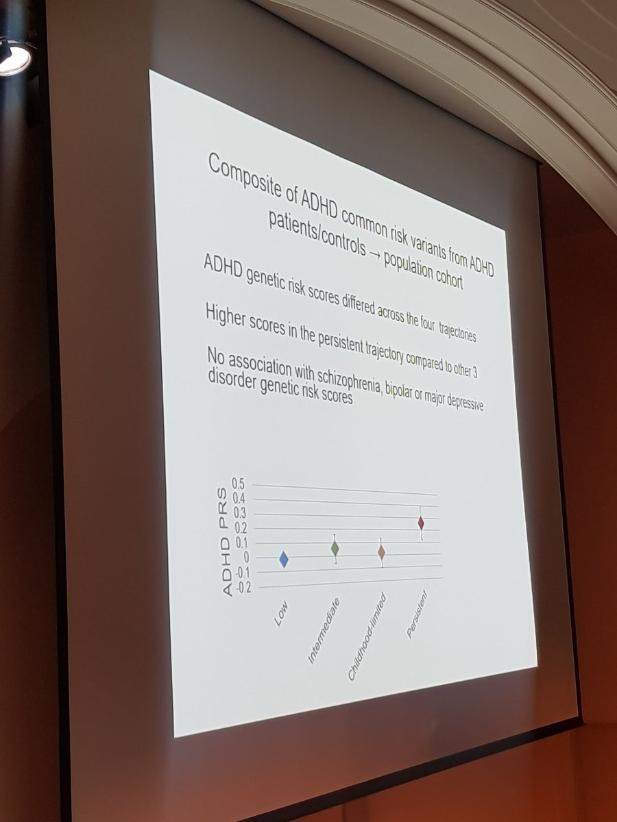 AleLautarescu's tweet photo. People with more persistent #ADHD symptoms (from childhood to late adolescence) had a higher genetic risk score. This was associated with multi-morbidity (>3 neurodevelopmental problems). Prof Anita Thapar at #DevBrain19 https://t.co/PijC8sIkzJ