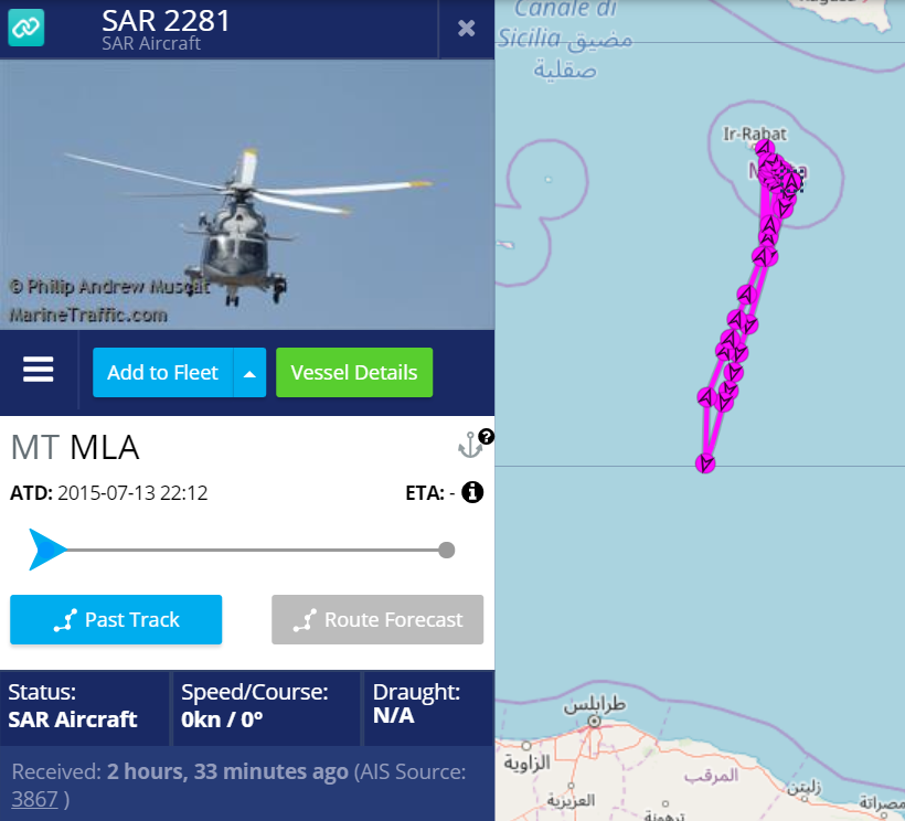 scandura's tweet photo. 🔻2019-03-19 14:40 UTC🔻

🚁AFM Armed Forces of Malta 🇲🇹 Agusta AW139 #AS1429 in flight over mediterranean SAR zone.

Tracked as "SAR 2281" MMSI: #2281 by 📡 maritime AIS RX stations.

⏱️D. 13:46 - A. 17:03 UTC. w/out full 📈due AIS limited coverage.

[ TBC #migranti #migrants ] https://t.co/ag2Xk2jkMJ