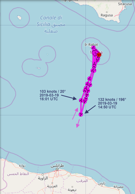 scandura's tweet photo. 🔻2019-03-19 14:40 UTC🔻

🚁AFM Armed Forces of Malta 🇲🇹 Agusta AW139 #AS1429 in flight over mediterranean SAR zone.

Tracked as "SAR 2281" MMSI: #2281 by 📡 maritime AIS RX stations.

⏱️D. 13:46 - A. 17:03 UTC. w/out full 📈due AIS limited coverage.

[ TBC #migranti #migrants ] https://t.co/ag2Xk2jkMJ
